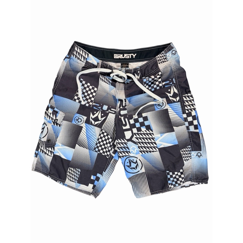 Rusty Board Shorts Mens 32 Blue Black Geometric Surf Swim Trunks